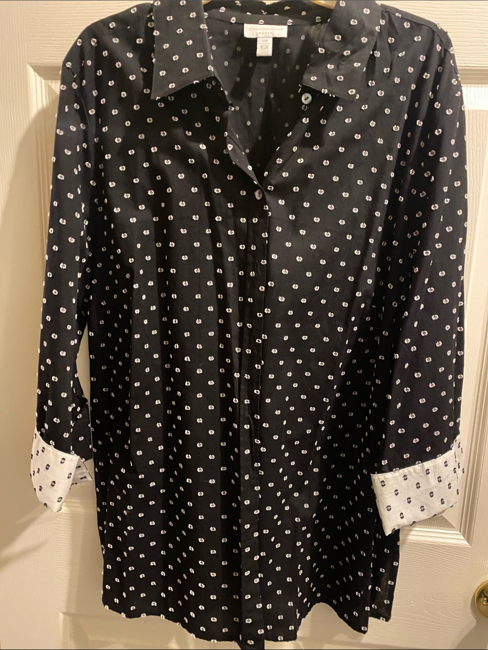 Charter Club Black Button-Up Jacket with White Dot Print